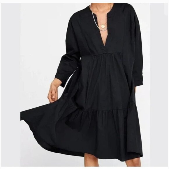 ZARA Black Oversized Voluminous Asymmetric Poplin V-neck Ruffle Shirt Dress XS - Picture 8 of 9